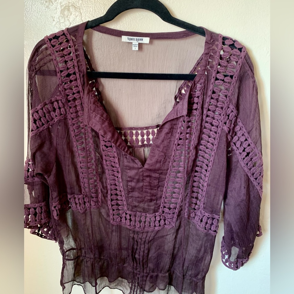 Sheer boho women’s top - rich mahogany purple color